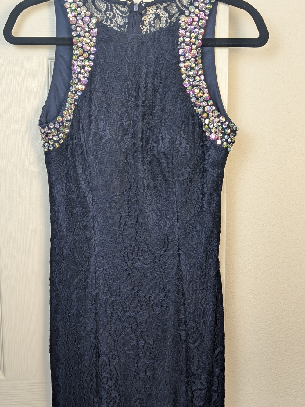 May Queen Navy Blue Lace Rhinestone Beaded Formal Gown Dress Size 10
